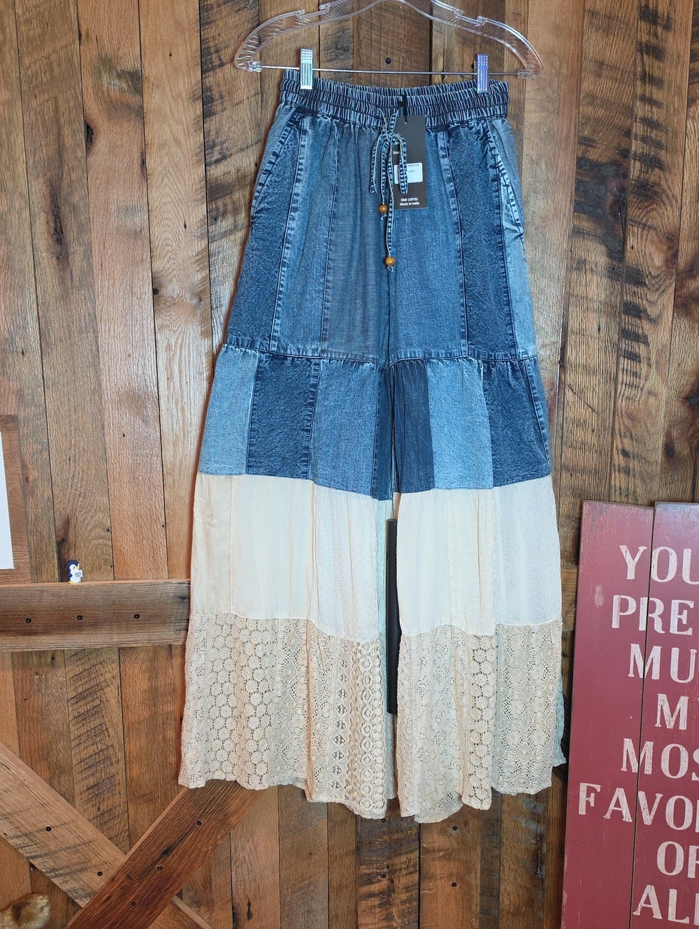 214p Young Threads Denim Patchwork Pants with Cream Crochet Panels
